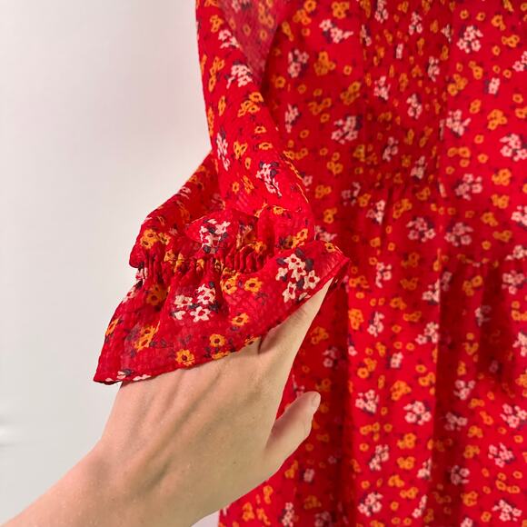 Free People Red‎ Floral Smocked Puff Sleeve Mini Babydoll Chiffon Dress Tunic S - Picture 3 of 10